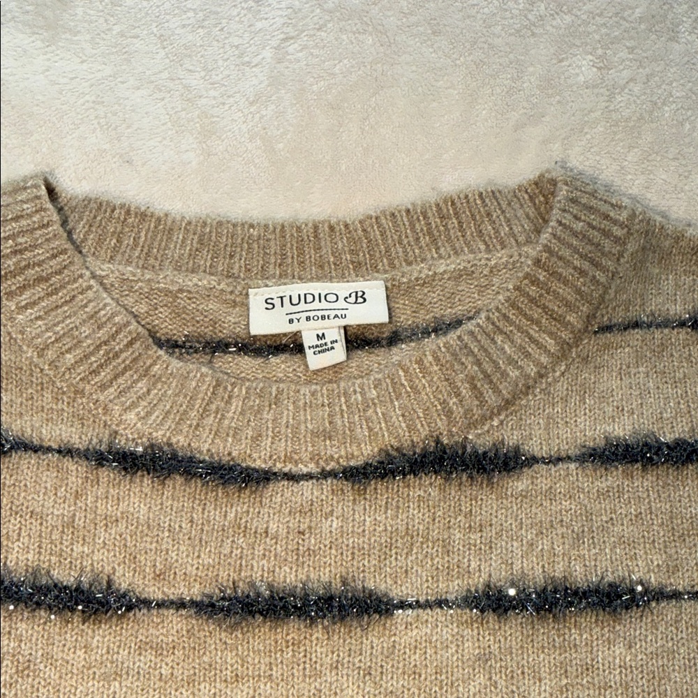 Studio B by Bobeau Tan Striped Sweater Eyelash Metallic Silver Trim Medium - Picture 8 of 8